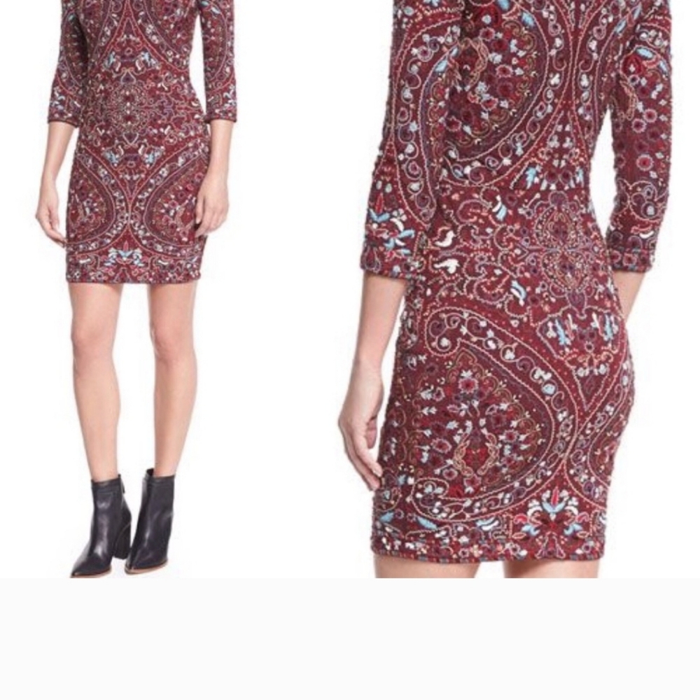 HAUTE HIPPIE dress 3/4 Sleeve MERLOT burgundy Heavily Embroidered Sheath Size 6 - Picture 15 of 15